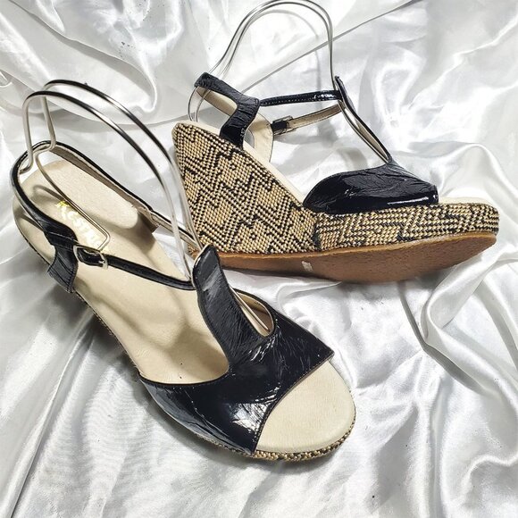 $$$ RESTRICTED black patent t-strap espadrille woven platform wedge heels SZ 9 - Picture 3 of 5